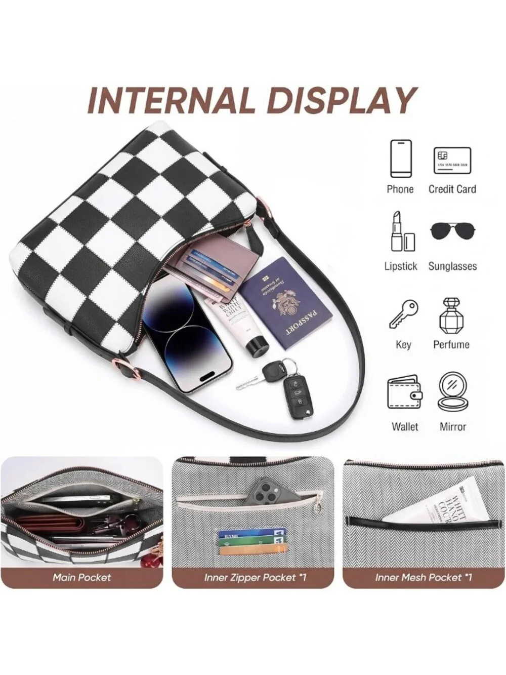 Cute Checkered Vegan Leather Hobo Bag for Women - Cherry Shoulder Purse